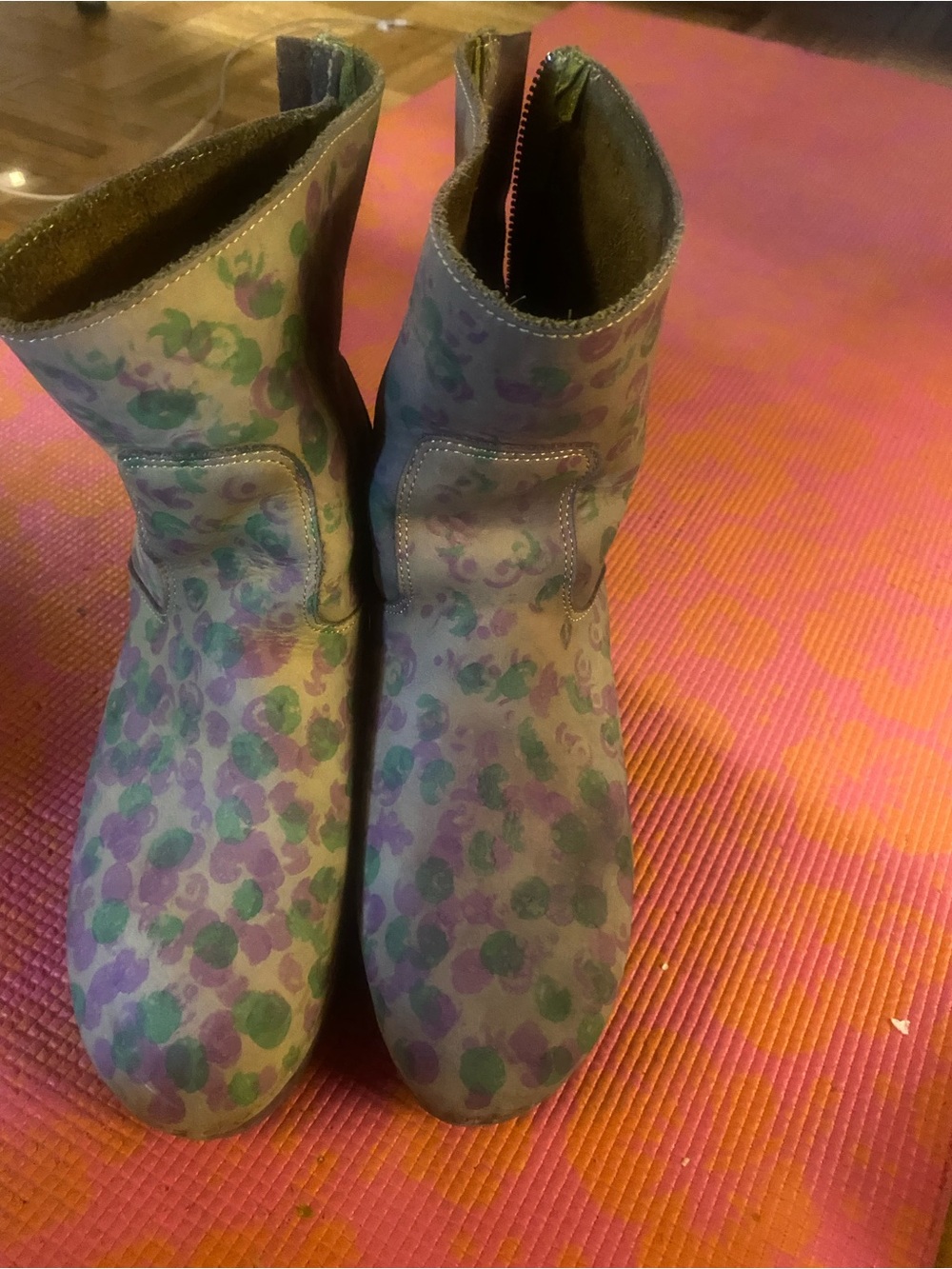 Floral Print Suede wood Ankle Boots - Purple & Green leather & wood With zipper